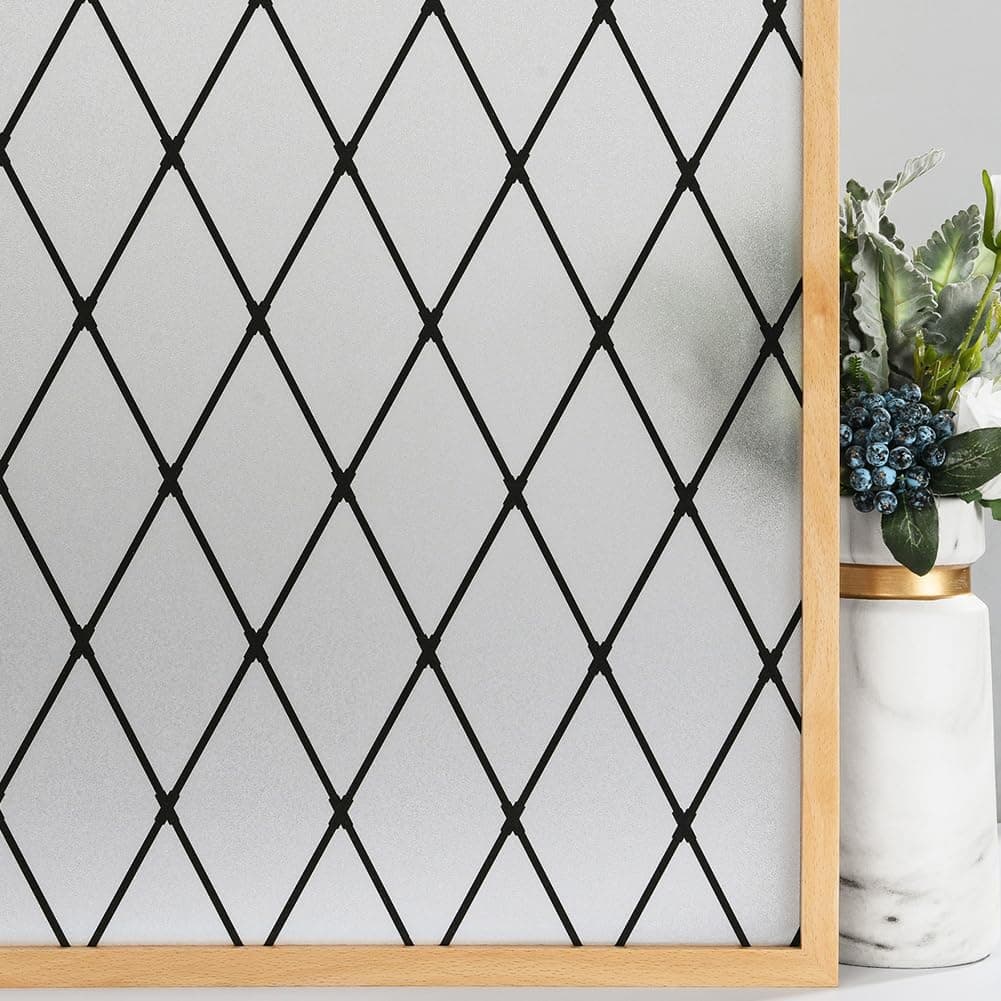 VELIMAX Frosted Black Lattice Window Film Static Cling Window Privacy Films Decorative Glass Vinyl Film for Windows Removable Sun Blocking AntiUV 177x787 inches