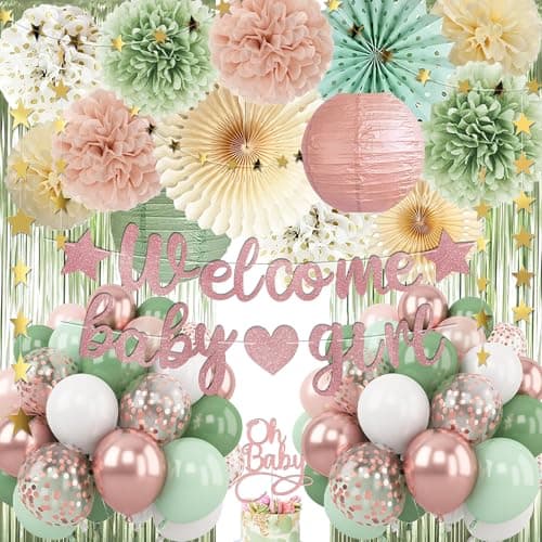 Dusty Pink Sage Green Baby Shower Decorations Welcome Baby Girl Banner Retro Pink Green Rosegold Balloons Oh Baby Cake Topper Pom Poms Flowers Paper Fan For Birthday Jungle Woodland Party