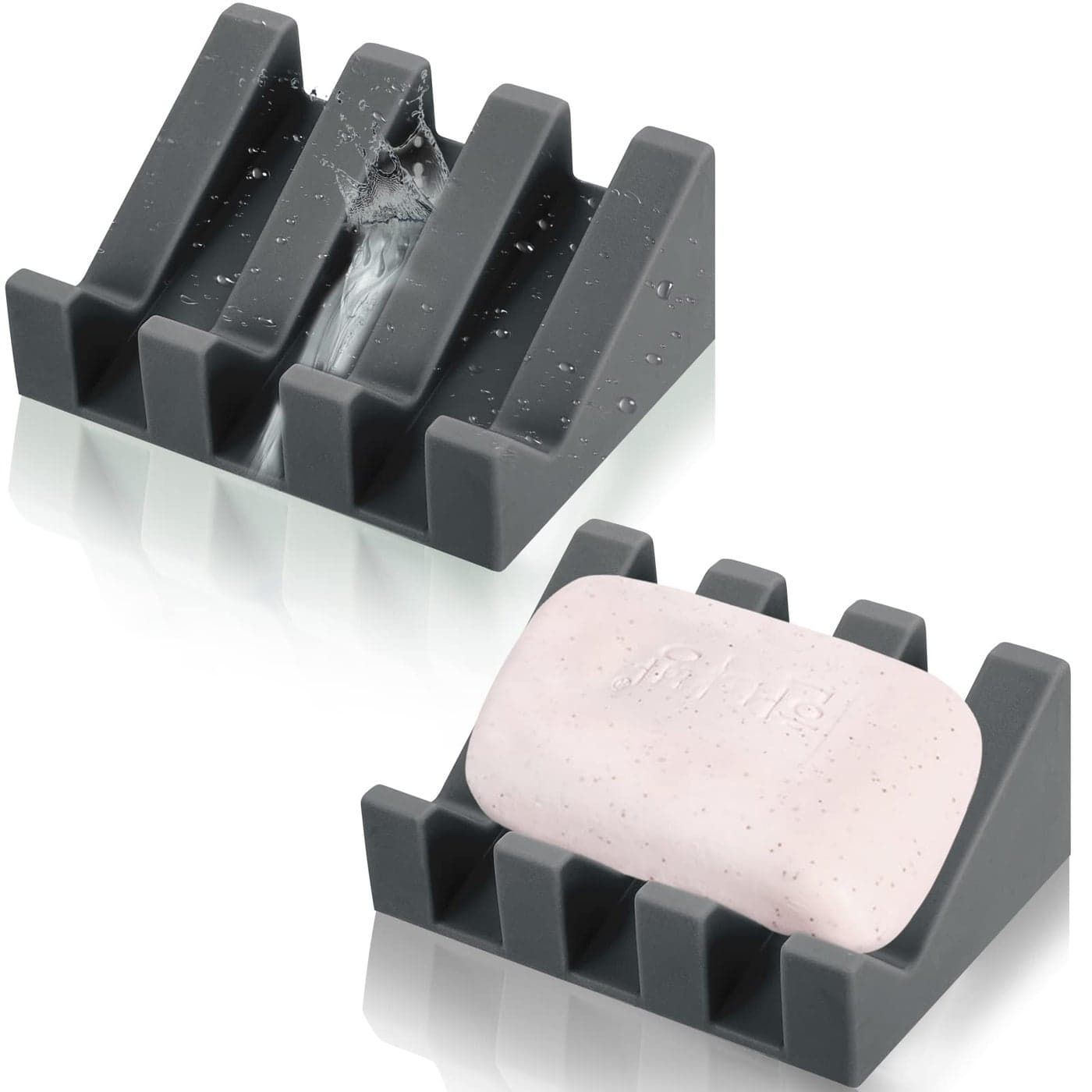 Cunhill 2 Pieces Silicone Soap Dish Self Draining Soap Dish Shower Waterfall Bar Soap Holder Tray with Drain Soap Saver for Kitchen Bathroom Accessories Dark Grey