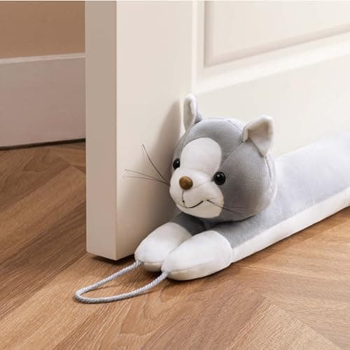 habibee Door Draft Stopper for Bottom of Door 36 inch, Avoid Noise or Cold Air, Decorative Wind Blocker for Window, Cute Animal Soundproof with Hanging Loops for Sweet Home Decor, Heavy Duty Grey Cat