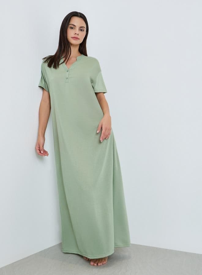Women Green Notch Neck Buttoned Sleep T-Shirt