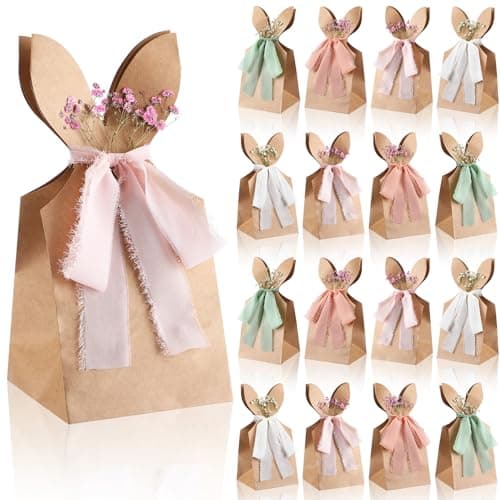 Affrolling 24 Set Easter Gift Bags Bunny Party Favor 106 x 49 Inch DIY Easter Treat Boxes with Pastel Bow Ribbon and Flowers Boho Paper Rabbit Ears Candy Goody Bags Bulk for Spring Birthday Party