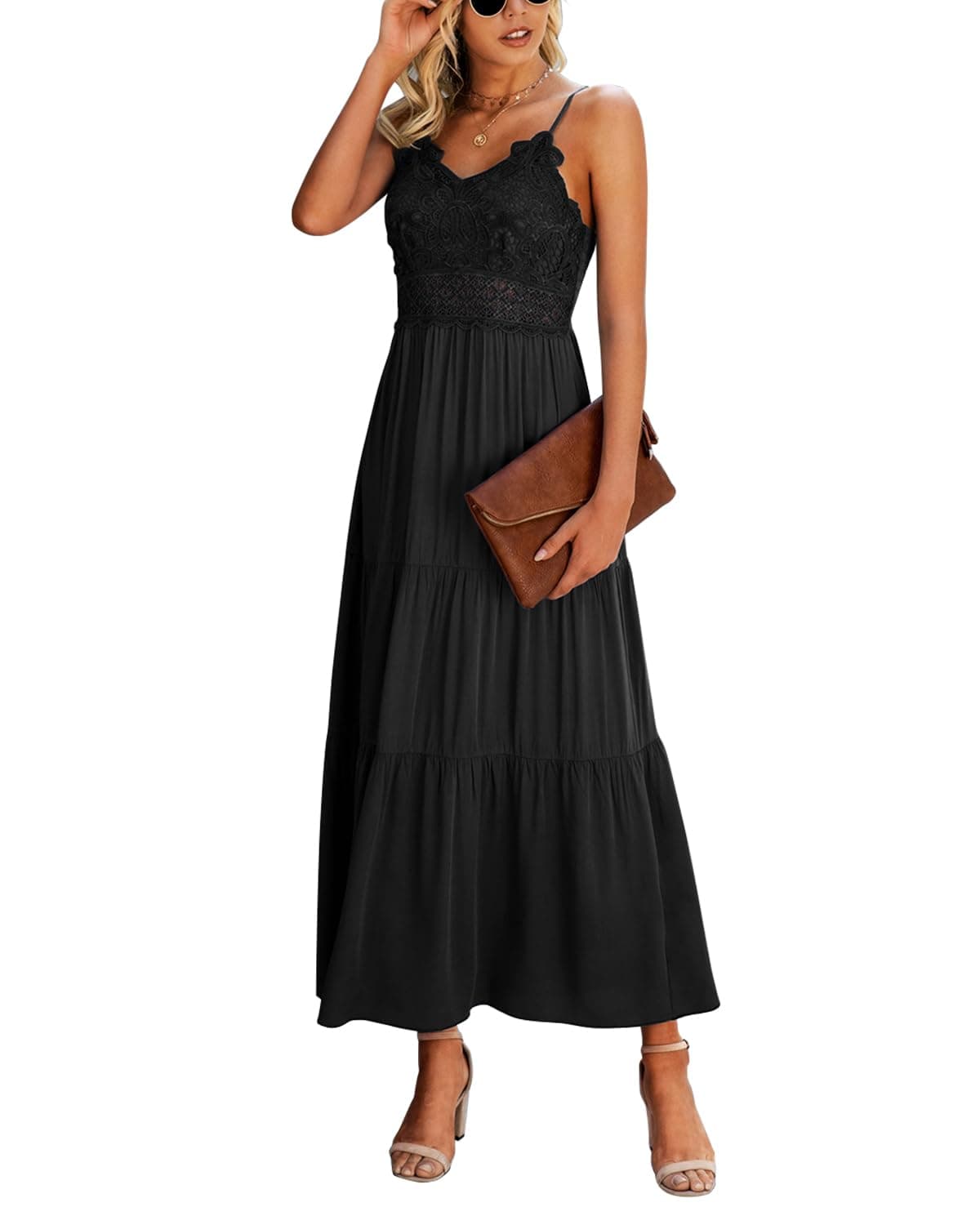 Dokuritu Women Black Dress Smocked Summer Spaghetti Strap Casual Long Dresses Cocktail Vacation Beach Crochet Lace Maxi Dress 2024 (Black,S)