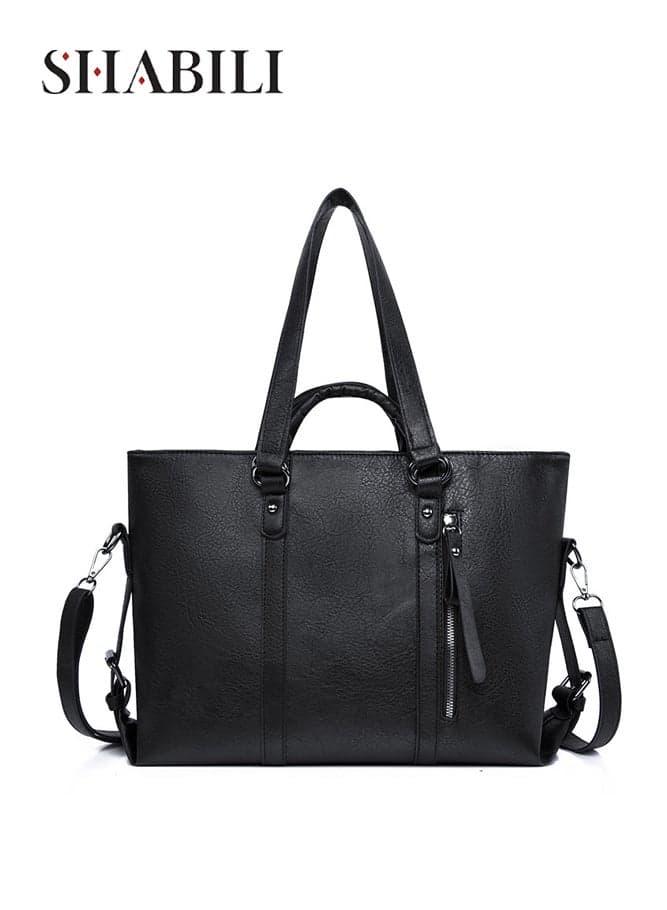 Women's PU Large Capacity Tote Handbag, Ladies Everyday Shoulder Bag Crossbody Bag Satchel Bag Messenger Bag, Multi Pocket Work Travel Carry Bag with Smooth Metal Zipper and Detachable Strap (Black)