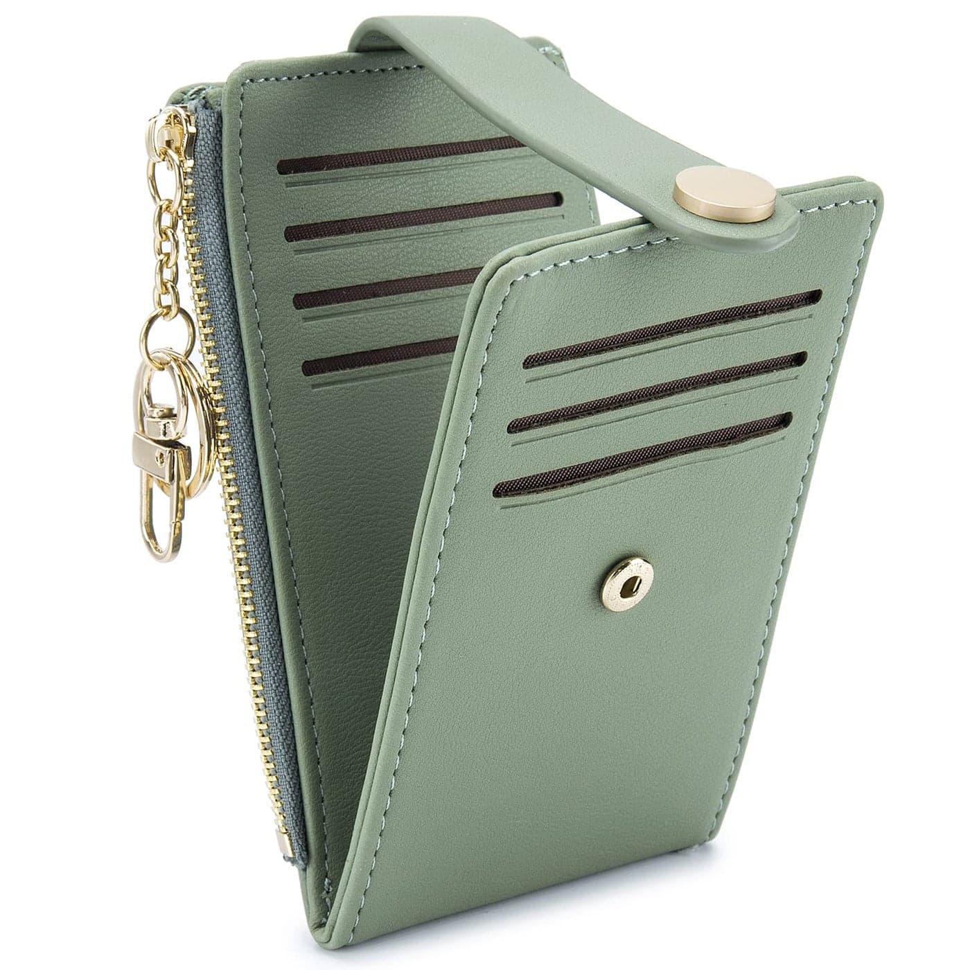 POIUGOYA Slim Wallet for Women, Leather Bifold RFID Blocking Credit Card Holder with Keychain, Zipper Coin Pocket ID Window