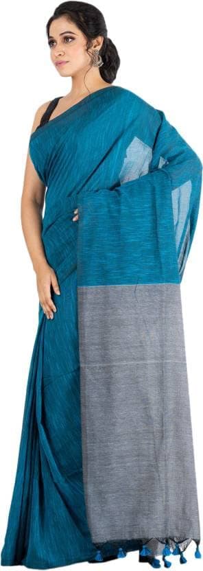 Bong ButiQ Women & Girls Embroidered Solid/Plain Bollywood Handloom Cotton Blend Saree For Office | Party | Casual (Light Blue)