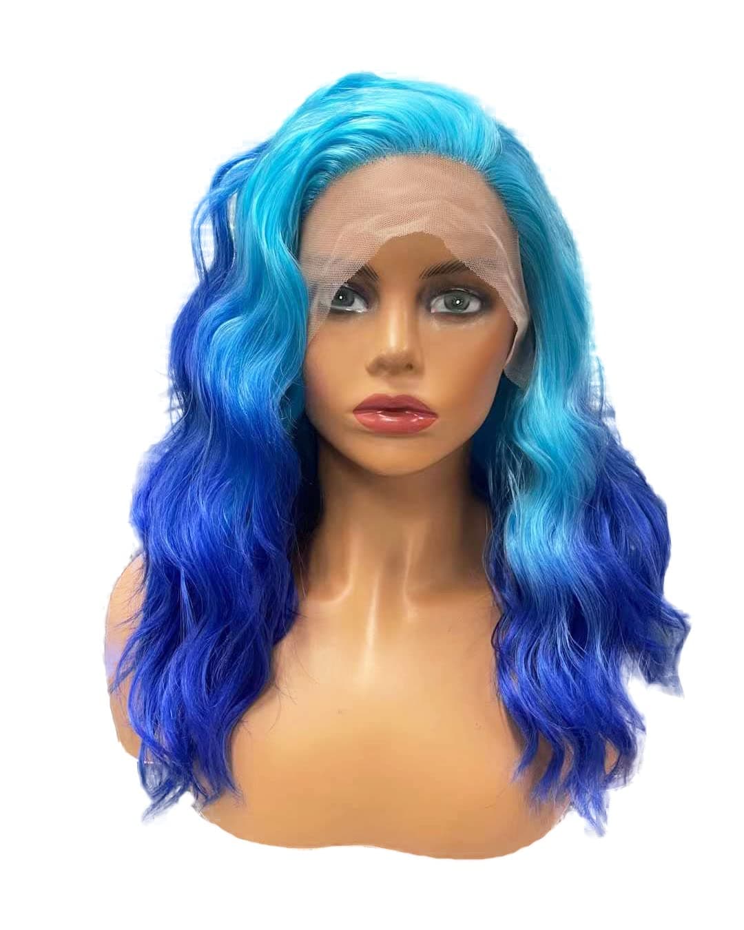 Wiginway Short Synthetic Wavy Lace Front Wig, 13x3 Lace Frontal Wigs for Women, Cosplay Party Wig, Shoulder Length 14 Inch, Ombre blue