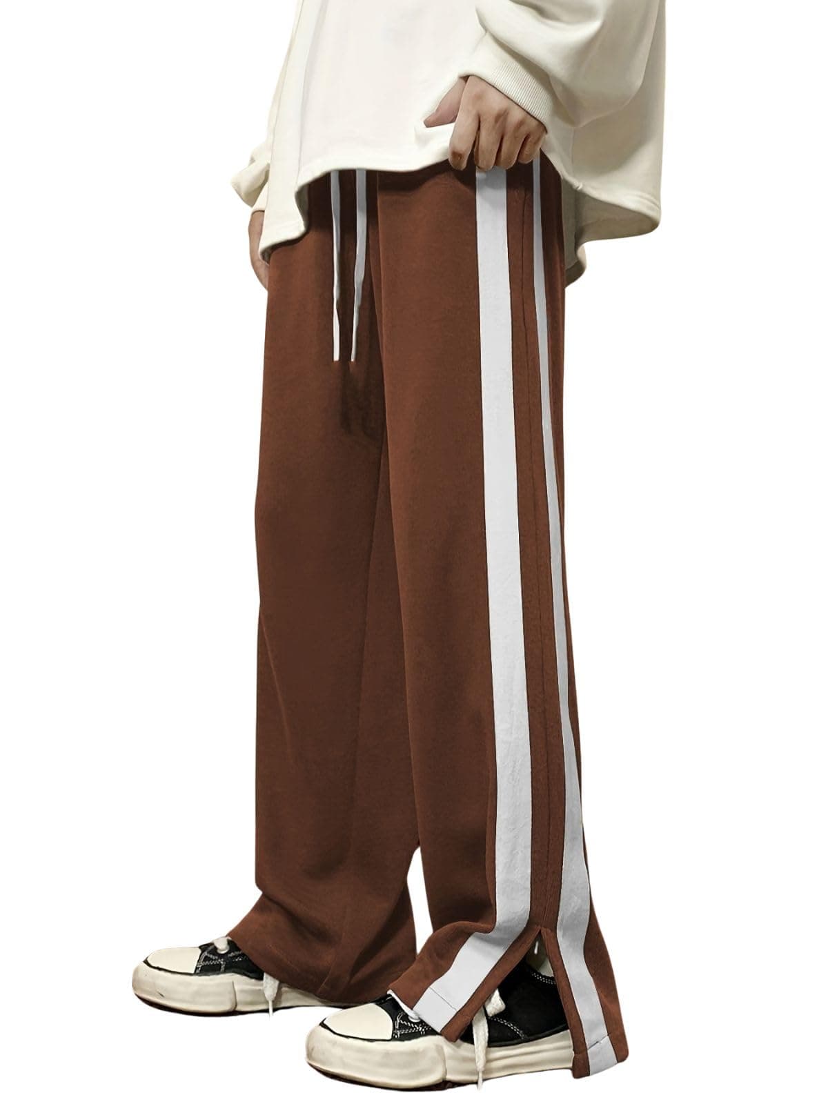 GRECIILOOKS Men’s Wide Leg Track Pants with Contrast Side Panel, Relaxed Drawstring Fit Streetwear Trousers, Poly Blend Casual Joggers (GL-CG-6013-3XL-LIGHT Brown)