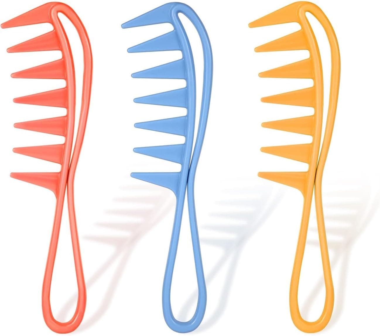 3 Pcs Wide Tooth Comb Set, Large Tooth Curl Comb Shark Teeth Hair Comb for Curly, Wavy, Thick, Wet & Dry Hair, Detangling Comb for Women & Men, Barber Salon Tool (Orange, Blue, Pink)