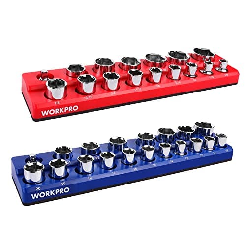 WORKPRO 12inch Magnetic Socket Organizer Set 2Piece SAE Metric Magnetic Socket Holders Holds 35 Standard Sockets for Tool Box Tool Carts Sockets Not Included