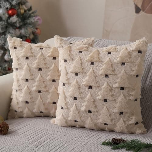 Allorry Christmas Pillow Covers 20x20 inch Set of 2 Xmas Decorations Soft Plush Faux Fur Wool Beige Christmas Tree Throw Pillow Cases Winter Holiday Decor for Sofa Living Room PT-002C20