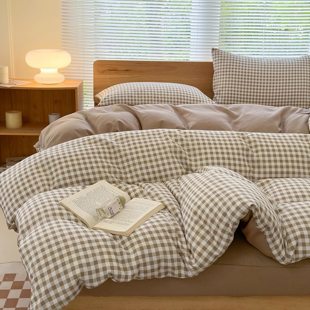 NSNLGSGC Queen Gingham Grid Duvet Cover Set Tan Washed Microfiber Plaid Comforter Cover Set Brown Soft Lightweight Breathable Clean Bedding Set3PCS Queen