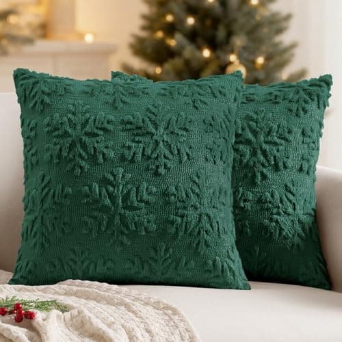 MIULEE Christmas Dark Green Throw Pillow Covers Snowflakes Decorative 1818 Inch Faux Wool Winter Festival Couch Pillow Covers Set of 2 Farmhouse Holiday Home Decors for Sofa Livingroom Bed