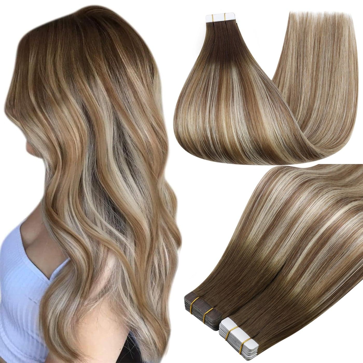 Full Shine Balayage Tape in Hair Extensions Human Hair Color 3822 Darker Brown to Ash Brown Highlights Blonde Hair Extensions Tape ins 50G Seamless Natural Skin Weft Human Hair 20Pcs 22Inch