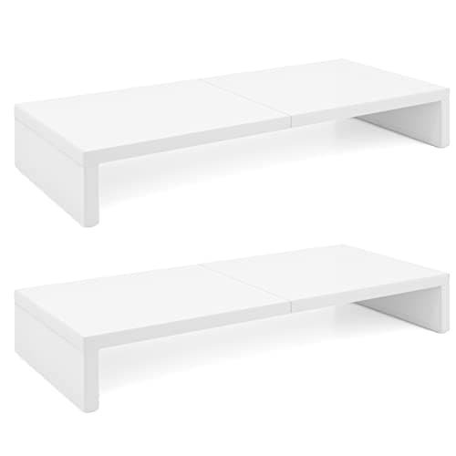 TEAMIX 2 Pack White Monitor Stand Riser - 20 inch, Wooden Desktop Stand for PC/TV/Laptop/Printer, Monitor Riser with Storage, Computer Stand with Keyboard Organizer