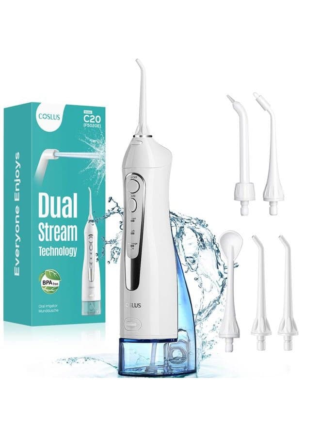 C20 Water Flosser for Braces Gums Care, Professional Oral Irrigator, Deep Cleaning, Rechargeable, Waterproof, BPA-Free, Portable for Travel, White(Blue water tank)