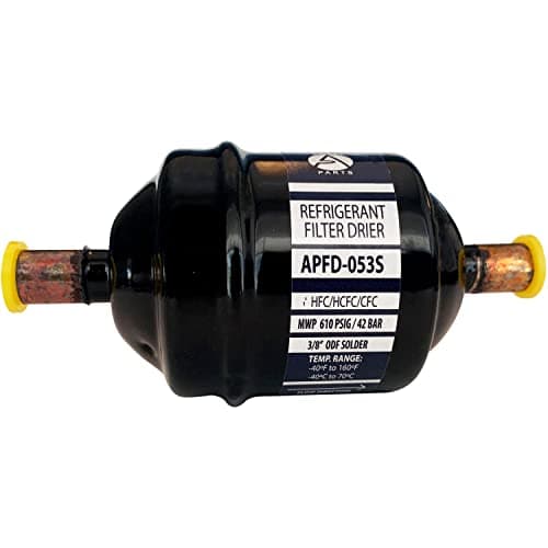Appli Parts APFD-053S 3/8 in Liquid Line Refrigerant AC Filter Drier hvac Refrigeration 053S ODF Sweat Solder connection universal unidirectional 4-1/2 in long 2 in wide