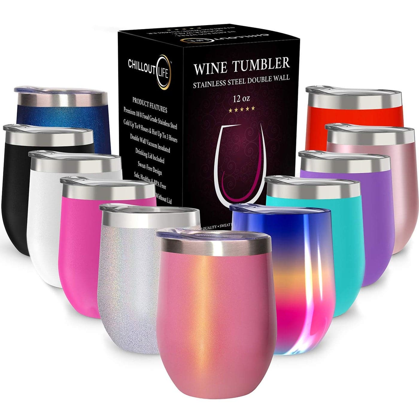 CHILLOUT LIFE 12 oz Stainless Steel Tumbler with Lid Gift Box Wine Tumbler Double Wall Vacuum Insulated Travel Tumbler Cup for Coffee Wine Cocktails Ice Cream PINK SPARKLE