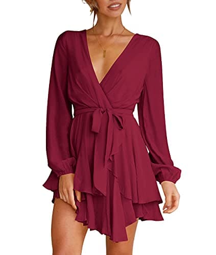 Womens Mini Dress Deep V-Neck Long Sleeve Tie Waist Short Swing Dress Burgundy XL