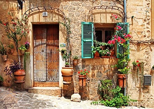 Loccor 9x6ft Fabric Italy Street Backdrop Tuscany Medieval Town Street Stone Wall Window Photography Background for Italian Theme Party Decorations Wedding Birthday Photo Booth Props