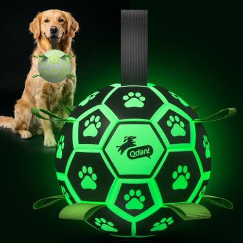 QDAN Glow in The Dark Dog Toys Soccer Ball with Straps Light Up Dog Balls for Large Dogs Interactive Dog Toys with Strap for Tug of WarPuppy Birthday Gifts 8 Inch