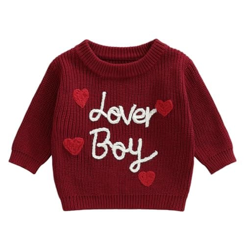 Baby Boy Valenitens Sweater Lover Heart Long Sleeve Knit Sweatshirt Pullover Toddler Infant Newborn Spring Outfit (Red, 18-24 Months)