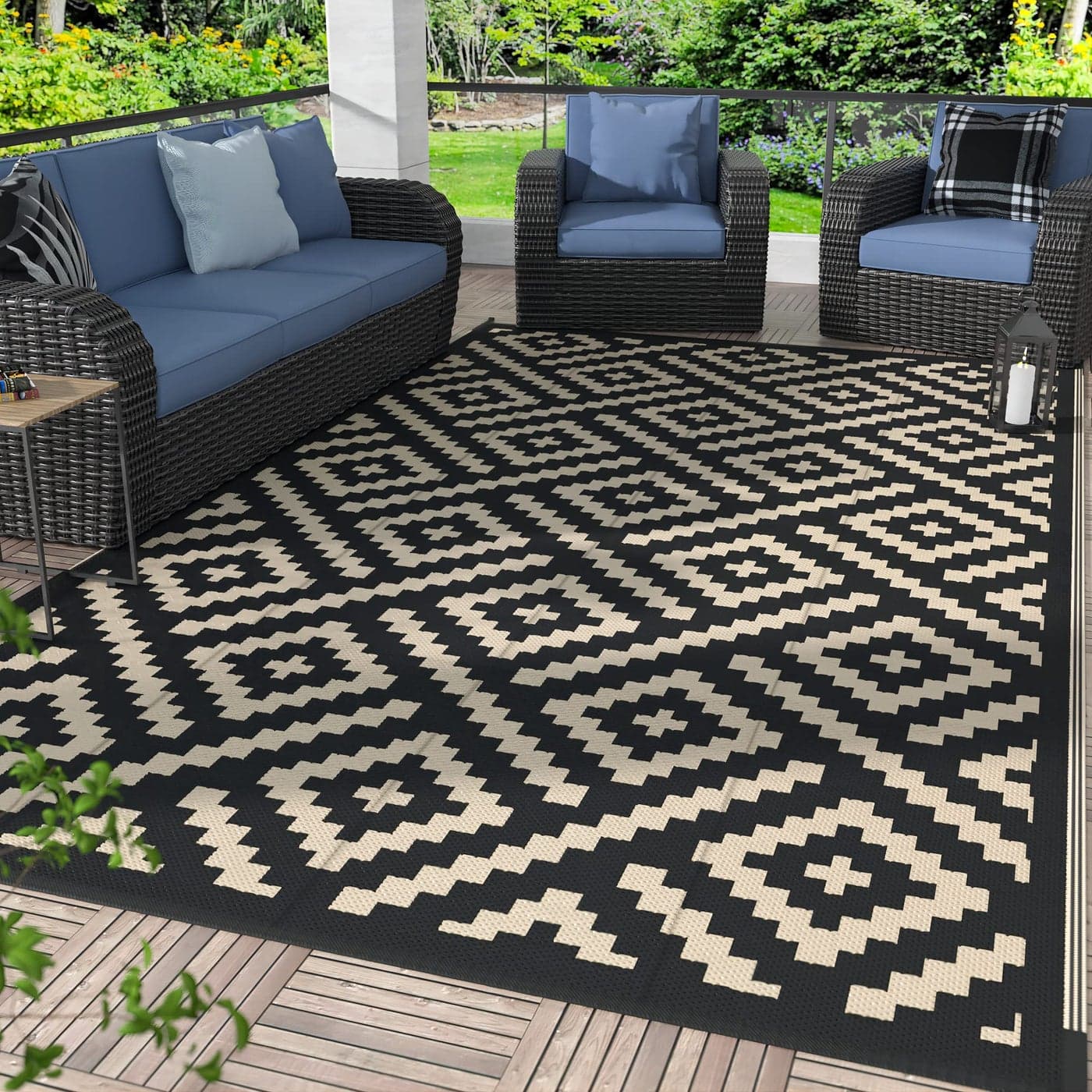 GENIMO 5x8 Outdoor Rug Waterproof Reversible Mats Area Rug Plastic Outside Carpet Geometric Rv Mat for Patio Camping Rv Picnic Backyard Deck Balcony Porch Beach Trailer Black Beige