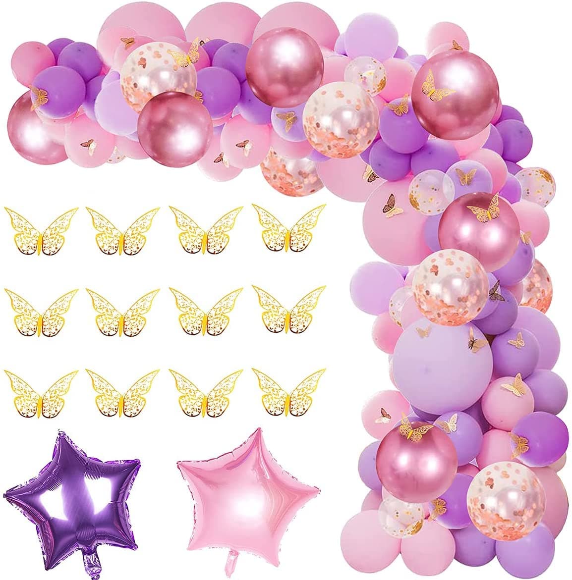 LAZYBEEE 126 Pcs Butterfly Pink and Purple Balloon Garland Kit, Butterfly Theme Balloon Arch with Gold Butterfly Star Foil Balloons for Girls Women Birthday Baby Bridal Shower Wedding Party Decoration