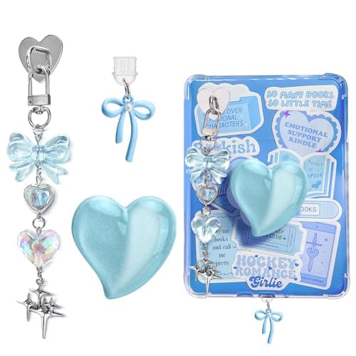 AIERSA Cute Charms Set for Kindle,Including Dust Plug Charm Type C/USB C,Heart Grip Holder,Bling Keychains with Hook for Kindle Accessories,Compatible for Kindle Paperwhite 11th 12th Generation-Blue