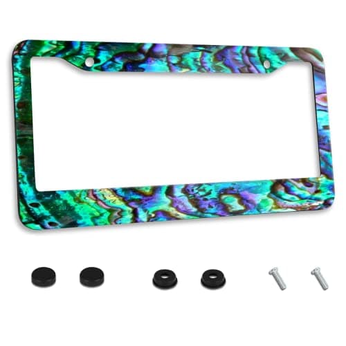 Personalized 1 Pack License Plate Frame Stainless Steel Faux Abalone License Plate Accessory Decorative 2 Holes and Screws Fits US Standard License Plates Size: 12.2 x 6.3 Inches for Men Women