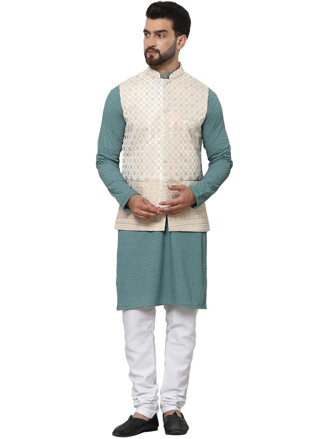 SOJANYA (Since 1958 Men's Pure Cotton Sea Green Kurta and White Pyjama With Cream Nehru Jacket
