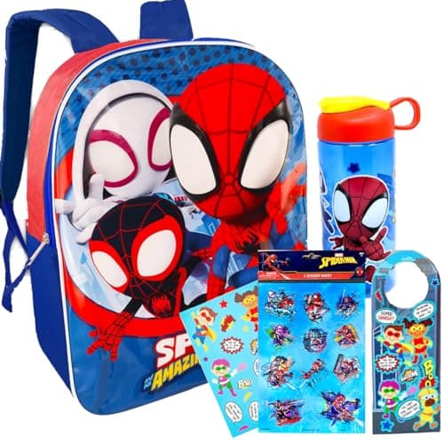 Spiderman Backpack for Boys 48yrs wPadded Straps Large Compartment Kindergarten Backpack for Boys Includes Spidey Water Bottle 3D Puffy Stickers More Toddler Spiderman Backpack Medium