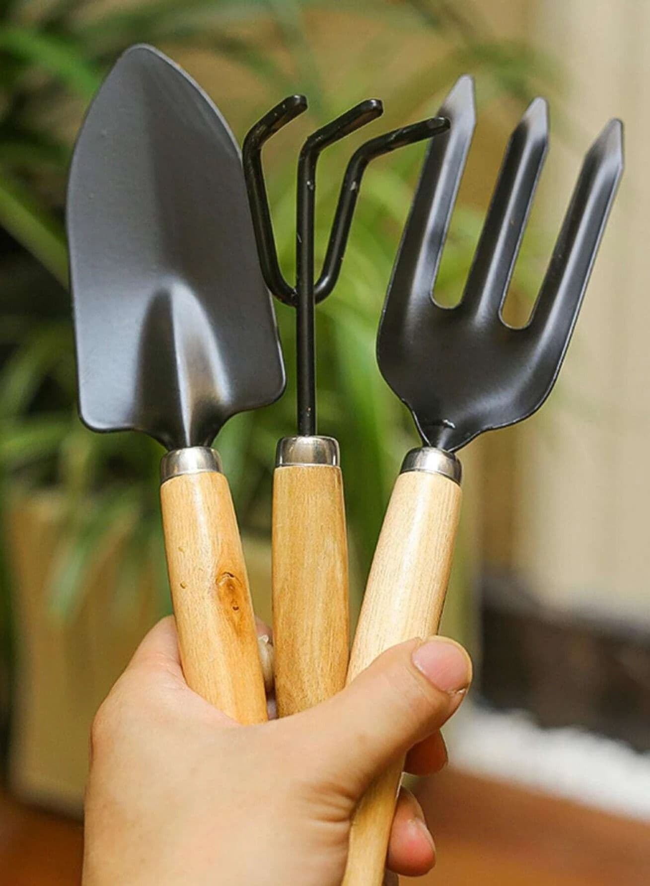 3Pcs Garden Hand Tools Set Iron Gardening Shovel Spade Rake Trowel Wood Handle