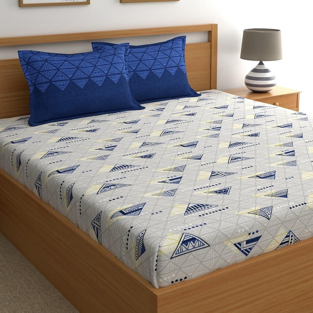 Home Ecstasy 100 Cotton Double Bedsheet with 2 Pillow Covers 140 TC Cotton Geometric Blue Bedsheet for Double Bed 73ft X 78ft