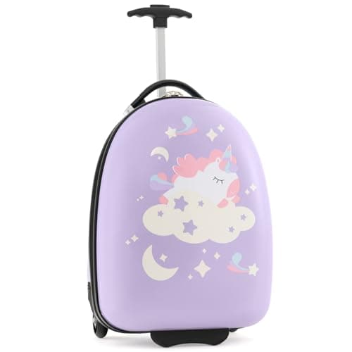 BABY JOY Kids Luggage, 16” Hard Shell Carry On Luggage w/Rolling Wheels, 2-Level Aluminum Handle & Lightweight Airline-approved Design, Kids Suitcase for Girls Boys Toddlers (Purple, Pony)