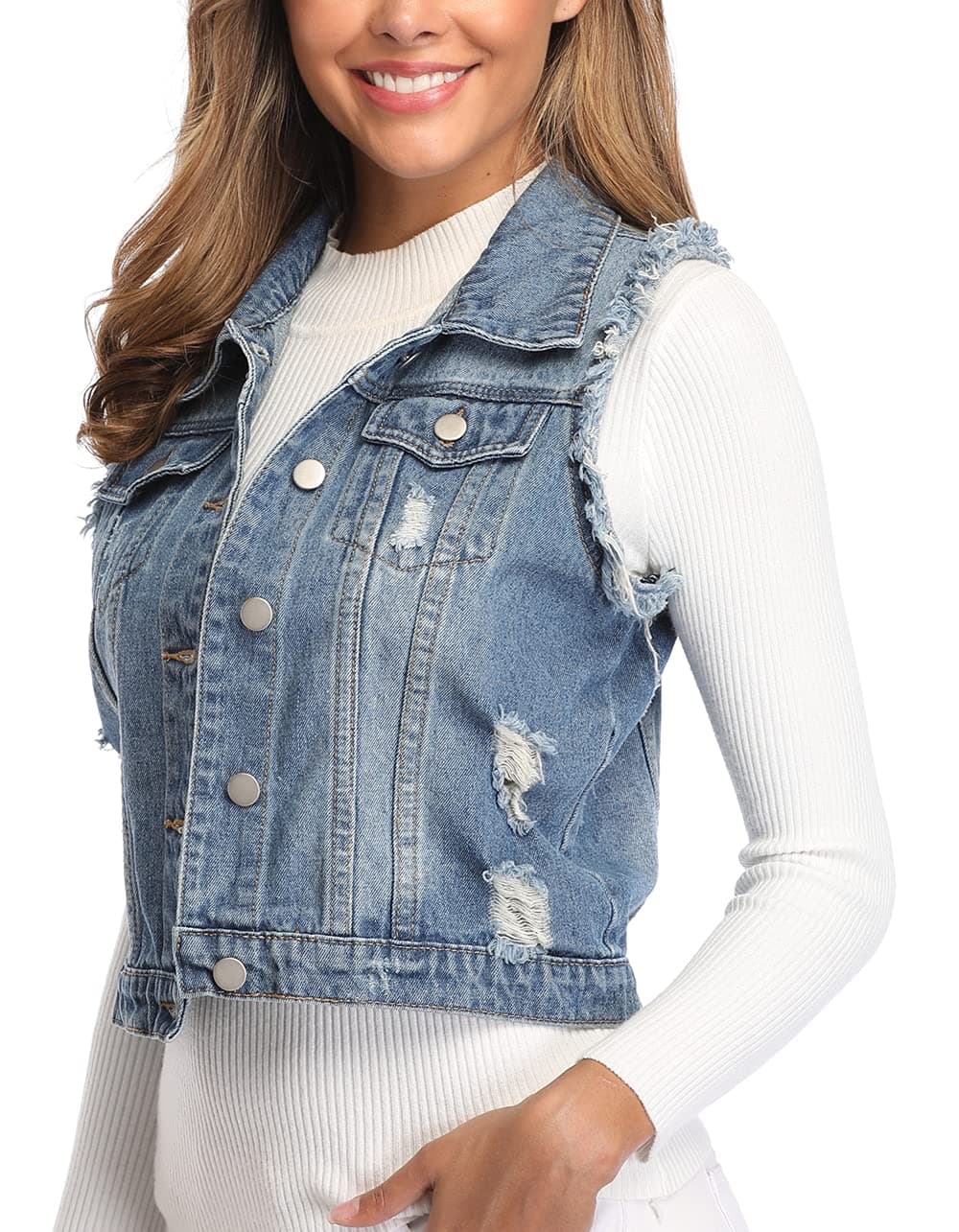 MISS MOLY Women's Ripped Denim Vest Cropped Distressed Classic Sleeveless Jean Vest Jackets With Flap Pockets Mid Blue M