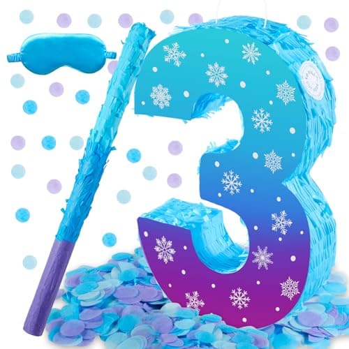 Snowflake Birthday Decorations Winter Ice Snowflake Number 3 Pinata with Stick Blindfold and Confetti Snowflake Piata 3rd Birthday Party Decoration Supplies Snowflake 3