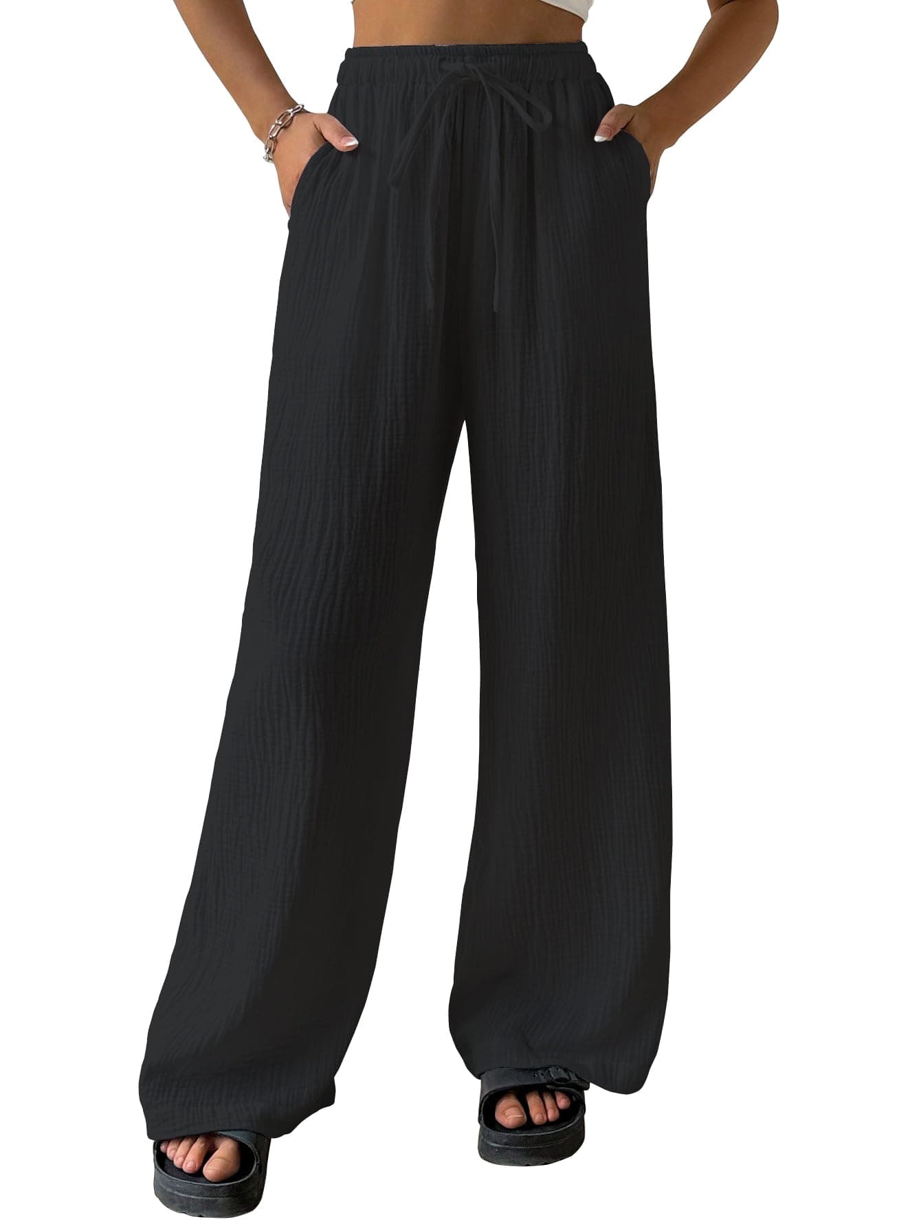 Shasmi Women's Trousers | Wide Leg Casual Pants Featuring a Relaxed Silhouette | Secure fit for All-Day wear | Convenient Side Pockets | Straight-Leg Cut | Elegant Premium Design (157 Black-S)