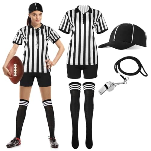 SATINIOR 6 Pcs Women Referee Costume Black and White Stripe Ref Shirt Jersey Shorts Referee Hat for Halloween Party CosplayLarge