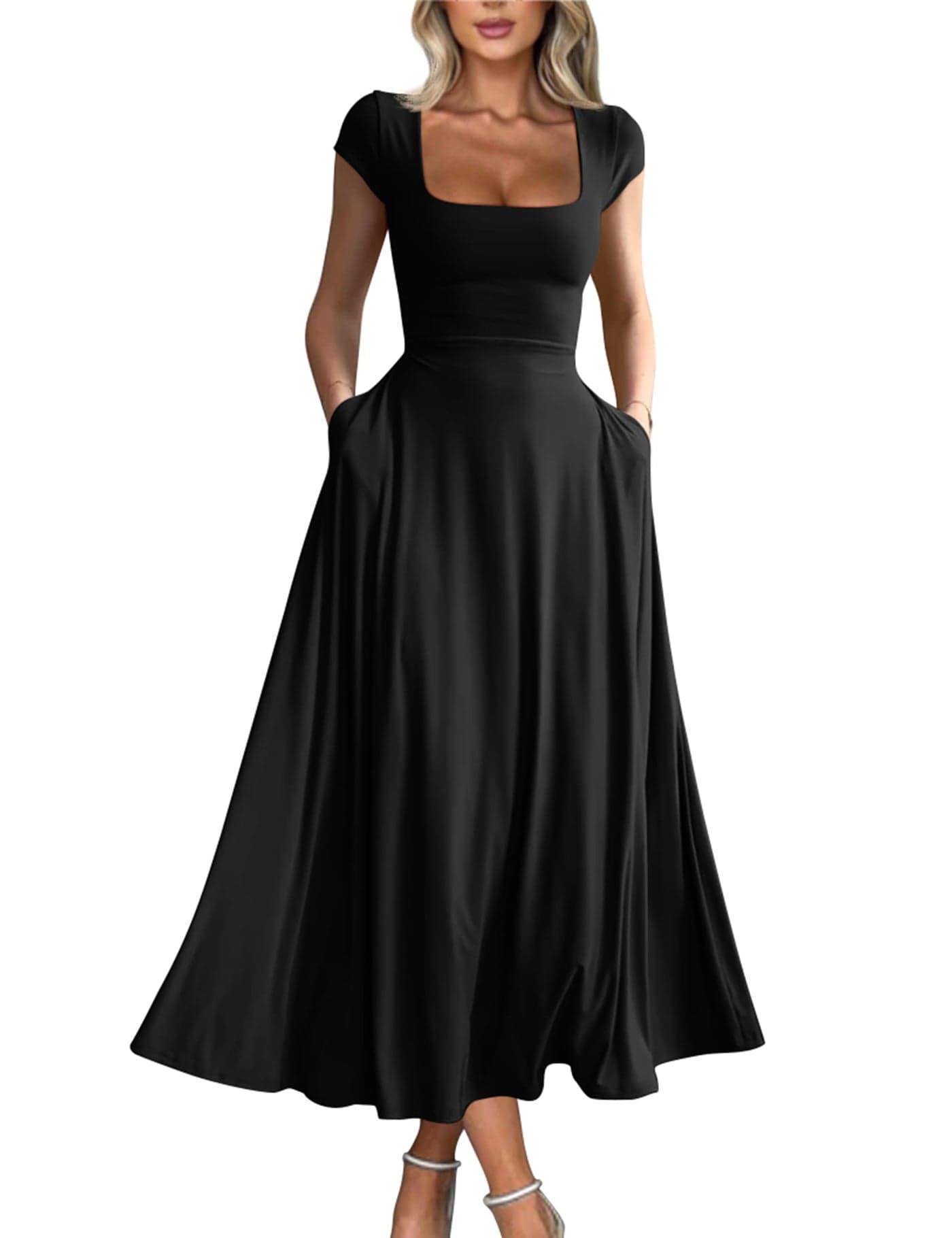 YMDUCH Women's Casual Short Sleeve Square Neck Solid Slim Flowy Maxi Dress with Pockets Black