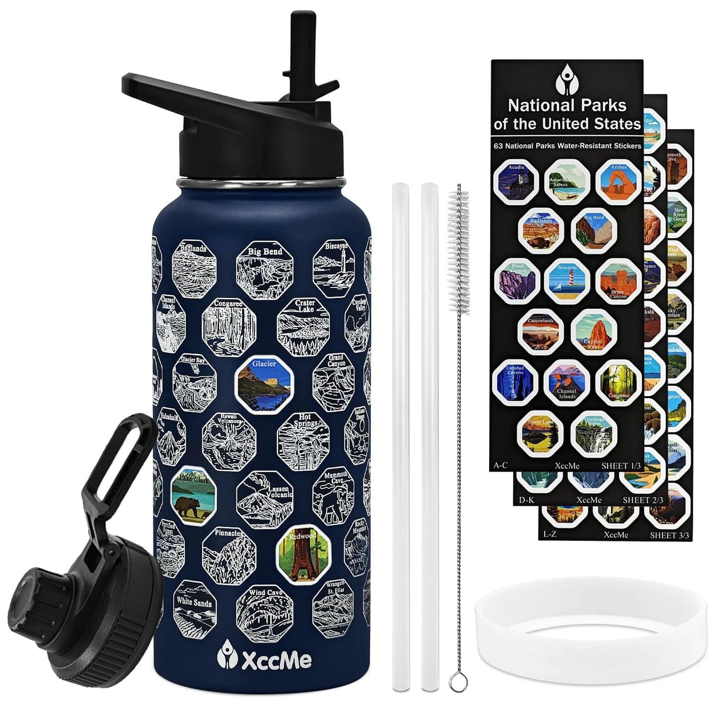 XccMe National Parks Water Bottle with Stickers32 oz Stainless Steel Insulated Water Bottle with Straw2 LidsLeak Proof Metal Water Cup for HikingTravelSportsCampingWide Mouth Bottle