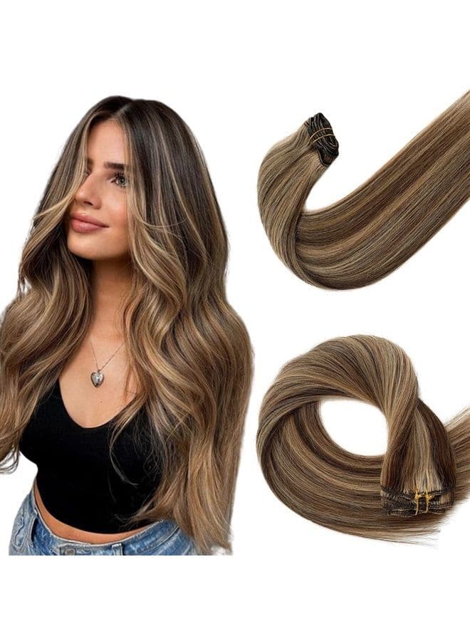 Clip in Hair Extensions Human Hair #4/27 Brown with Highlights Hair Extensions Clip ins Real Human Hair 22 Inch Long Natural Blonde and Brown Balayage Clip in Extensions for Women 70grams 7pcs
