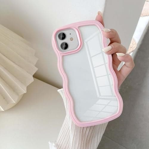 UEEBAI Wave Frame Clear Case for iPhone 11 6.1 inch, Curly Clear Phone Case, Cute Wavy Phone Case for Girl Slim Fit Shockproof Phone Cover Bumper Soft Pretty Case for Women - Pink