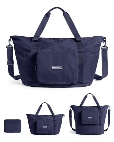 BAGSMART Foldable Travel Bag 37L Expendable Personal Item Bag Lightweight Weekender Bags for Women Water Resistant Extra Carry on for Travel Navy Blue