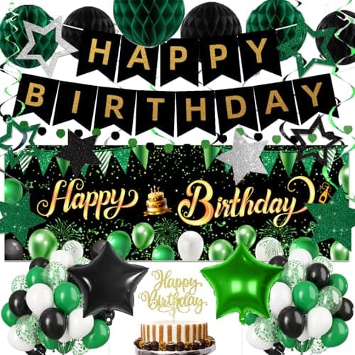 Green Black Birthday Decorations Happy Birthday Banner Backdrop Balloons Honeycomb Balls Star Foil Balloons Stars Hanging Swirls Cake Topper for Baby Boys Girl Men Women Birthday Decoration