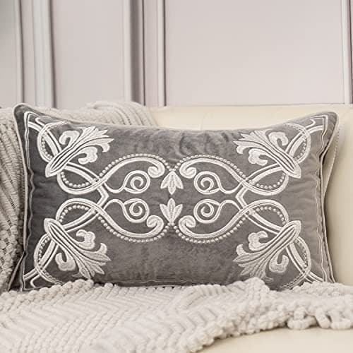 Aeckself 12 x 20 Inch European Cushion Cover Luxury Velvet Home Decorative Embroidery Floral Rectangle Throw Pillow Case Pillowcase for Couch Bed Living Room, Grey and White