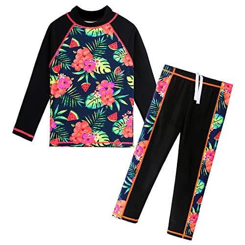 Girls Two Piece Swimsuit Floral UPF 50+ Rash Guard Set Kids Swimwear S301_BlackFlower_10A