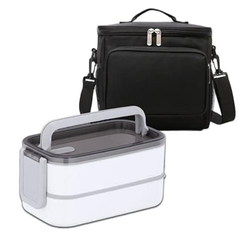 ZCircle Insulated and stackable 2-Layer Bento Box Set for Adults/Men/Women - 10L Large Thermal Leak-Proof Oxford Lunch Bag for Work/Picnic/Travel (Black), Lunch Box(White) Lunch Bag(black)
