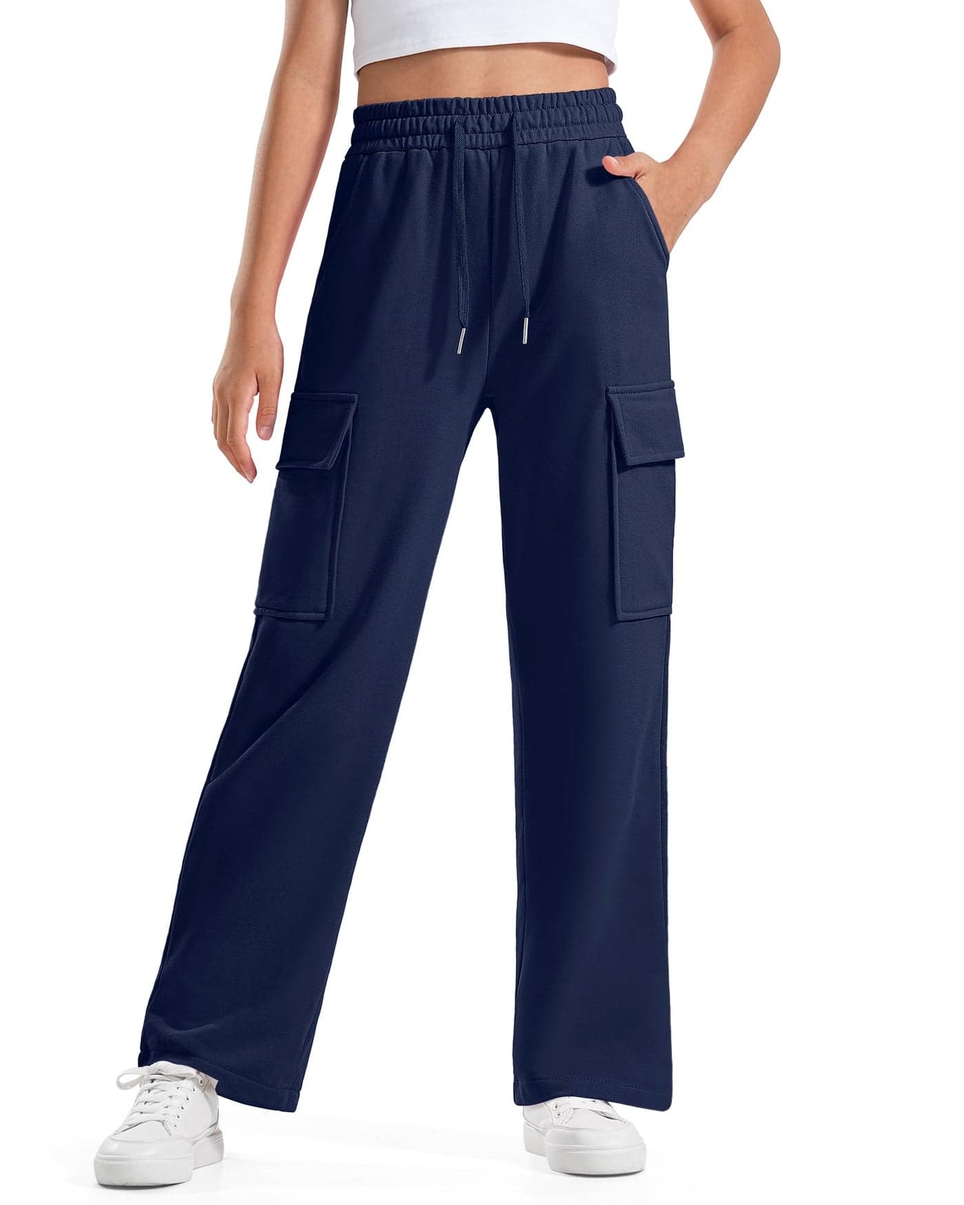 BOOPH Girls Sweatpants Kids Drawstring Cargo Pants Teen Girls Wide Leg Baggy Joggers Pants with Pockets 1213 Years Navy