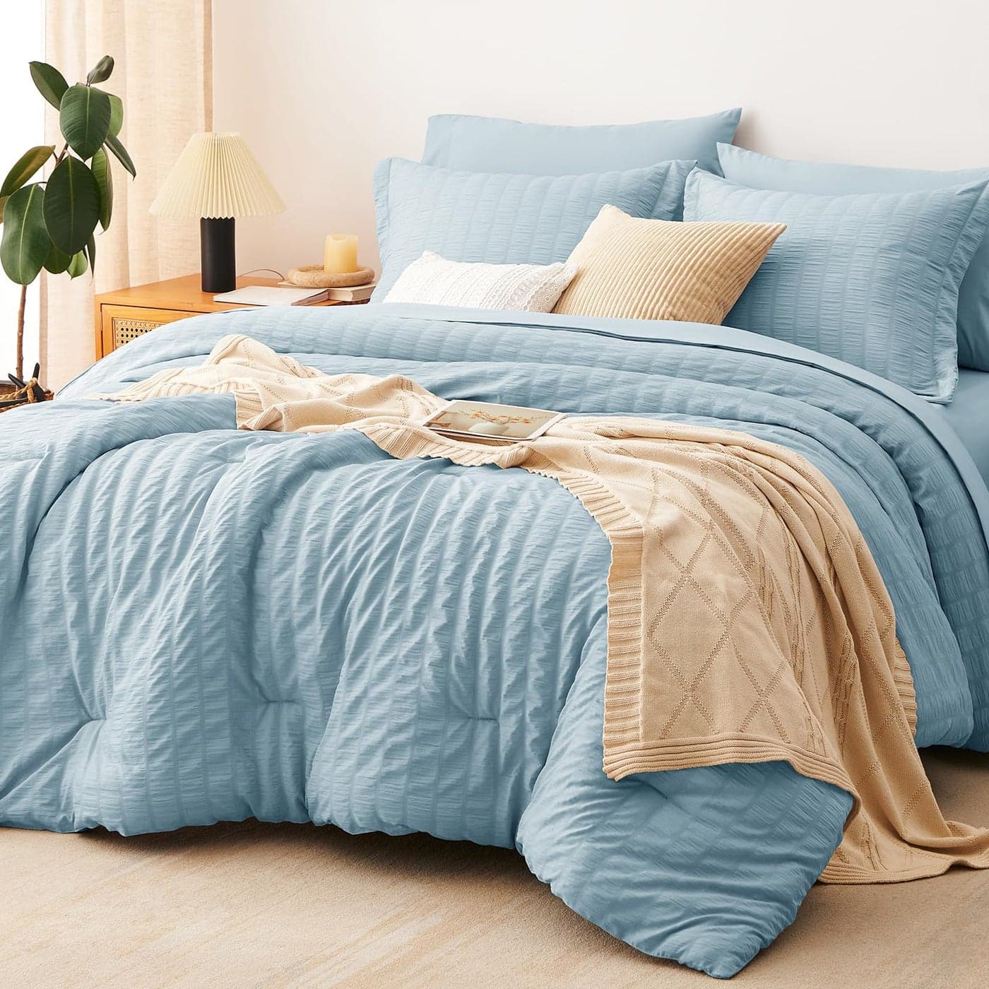 CozyLux Queen Comforter Set Light Blue Seersucker 7 Pieces Bed in a Bag Queen Comforter Set with Sheets Luxury Soft Bedding Set with Down Alternative Comforter Sheets Pillowcases Shams All Seasons